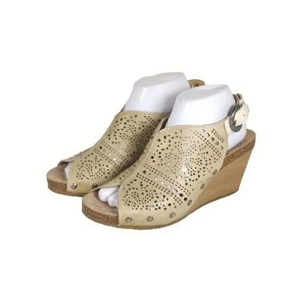 Pikolinos Women's Benissa 40 US9-9,5,5 Cream Leather Perforated Wedge Sandals